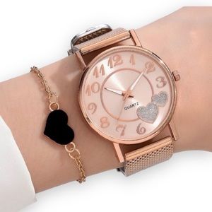 New Woman’s Rose Gold Heart Print Dial Round Pointer Quartz Watch & 1pc Bracelet